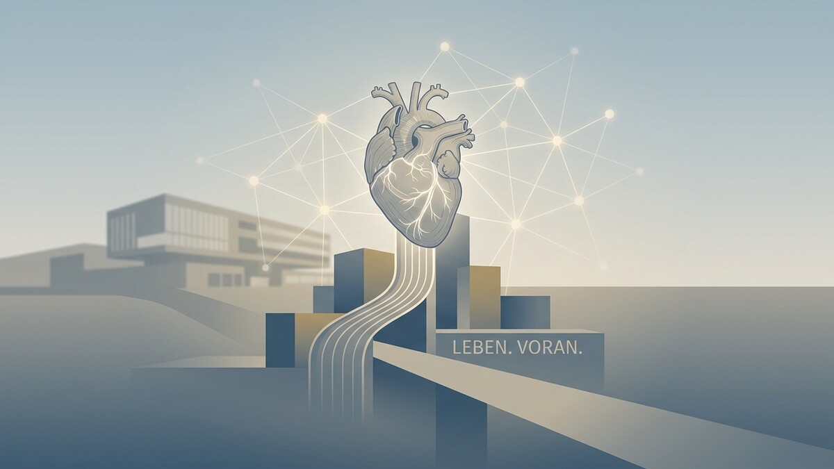 Herz-Illustration über grafischer Darstellung eines Gebäudes und stilisierter Stufen mit Text "LEBEN. VORAN."