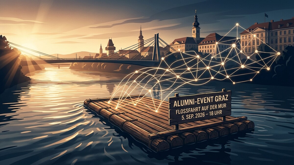 Alumni-Event Graz: Floßfahrt auf der Mur mit Lichternetz und Stadtkulisse von Graz