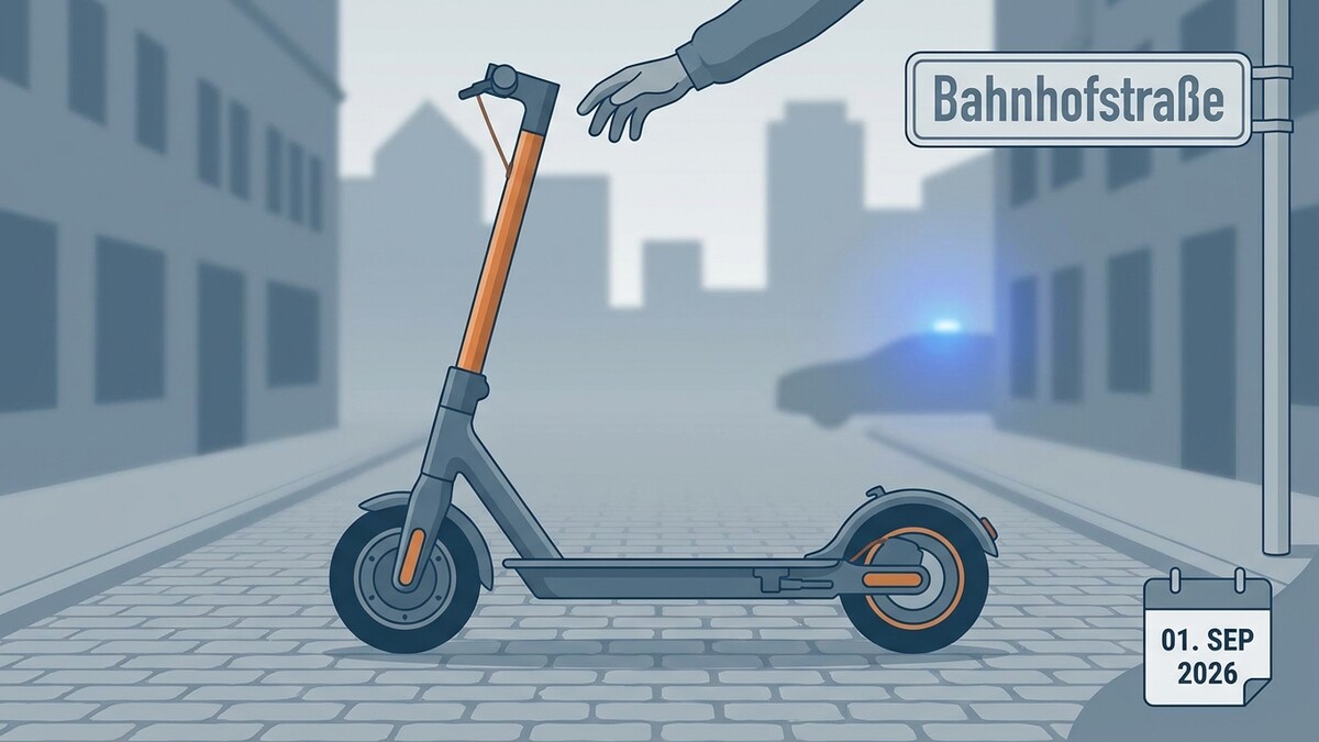 E-Scooter auf der Bahnhofstraße in Wien mit Polizeiauto und Kalenderblatt 01.09.2026