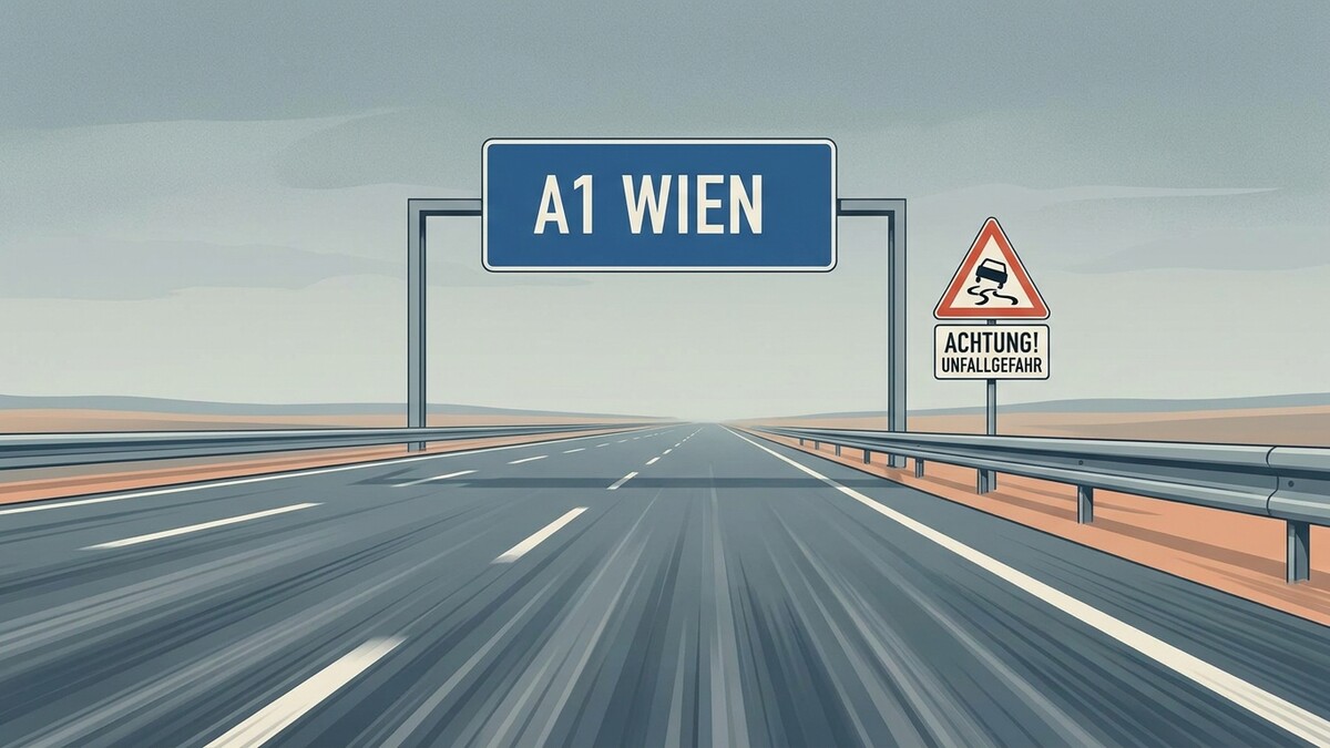 Autobahnschild A1 Wien mit Warnschild Unfallgefahr auf leerer Autobahn.