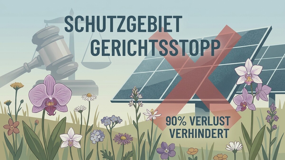 Schutzgebiet Gerichtsstopp: Richterhammer und Waage neben Solarzellen, Blumenwiese, durchgestrichen.