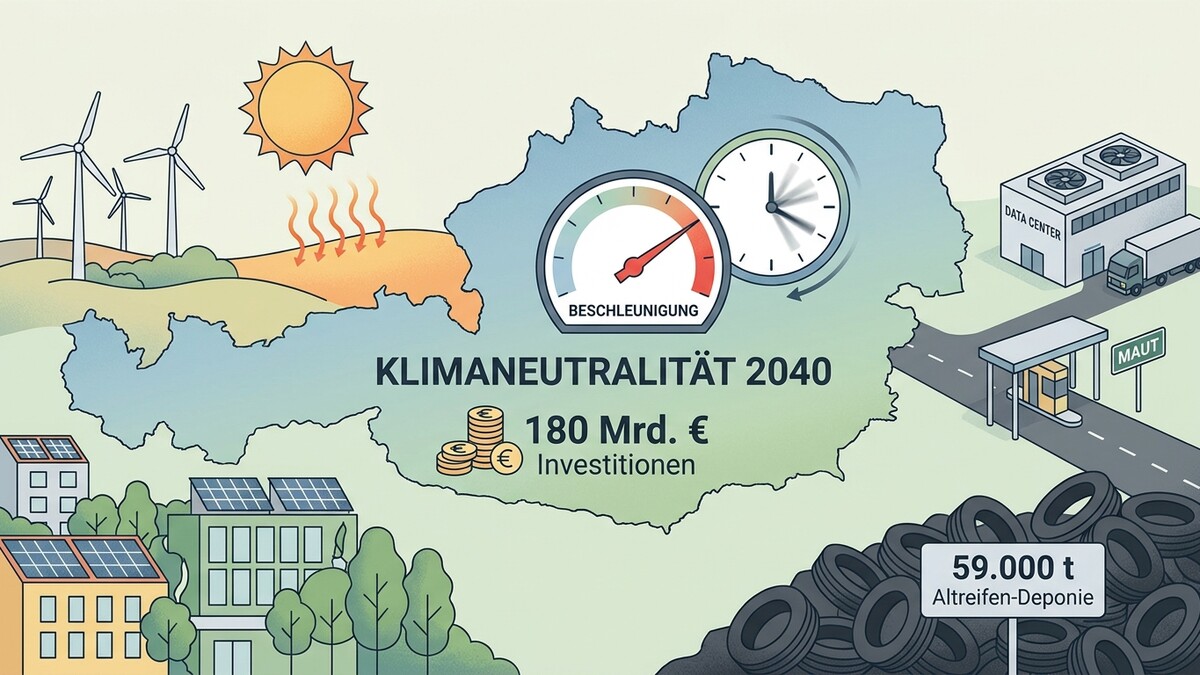 Klimaneutralität 2040: Österreich mit Windrädern, Solaranlagen, Datacenter, Mautstelle und Altreifen-Deponie