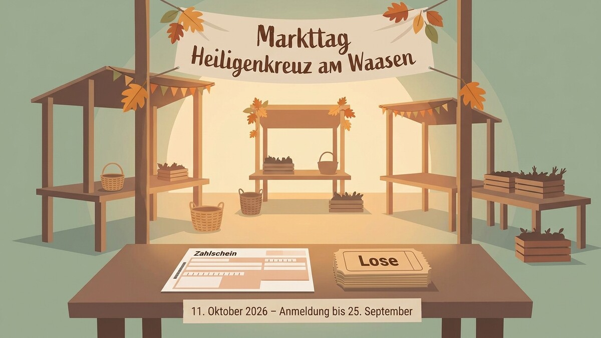 Markttag Heiligenkreuz am Waasen mit Verkaufsständen, Körben und Losen
