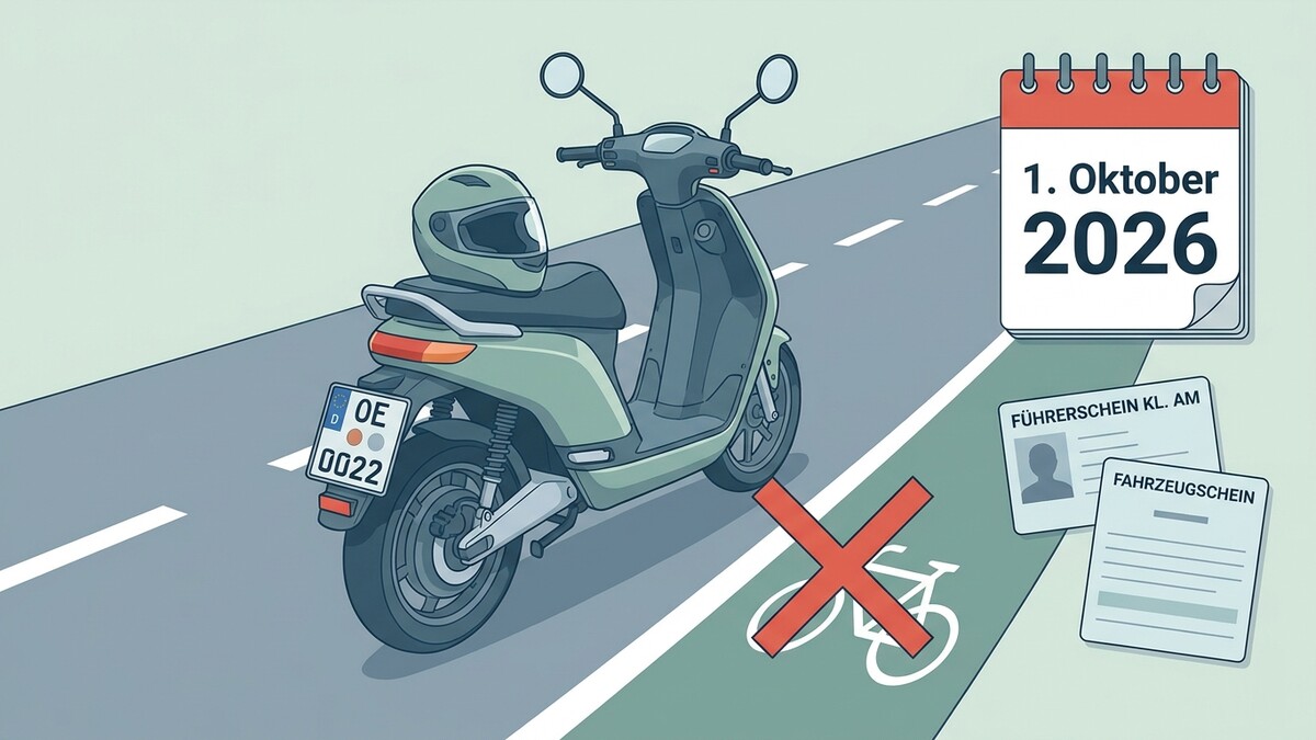 Roller mit Helm und Kennzeichen auf Straße, Kalender 1. Oktober 2026, Führerschein und Fahrzeugschein