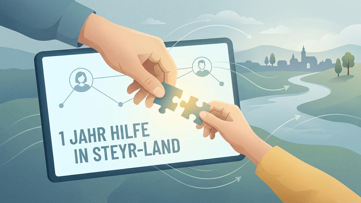 Hilfe in Steyr-Land: Hände fügen Puzzleteile vor Tablet und Landschaft zusammen