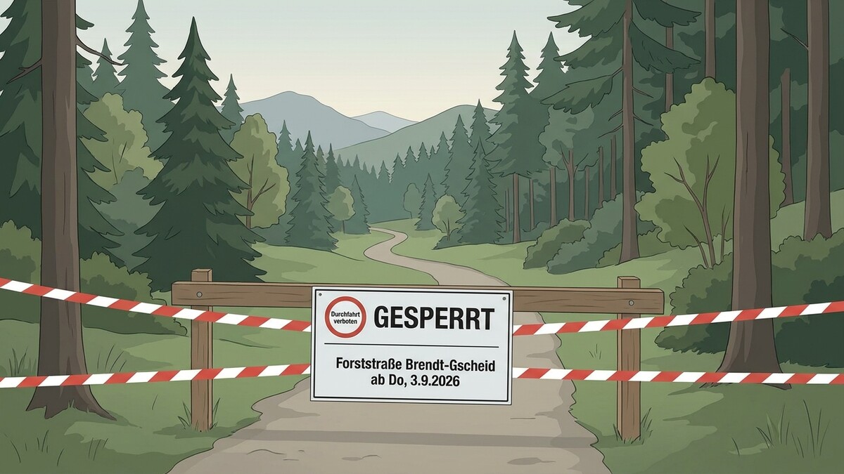 Forststraße Brendt-Gscheid gesperrt, Waldweg mit Absperrband und Schild