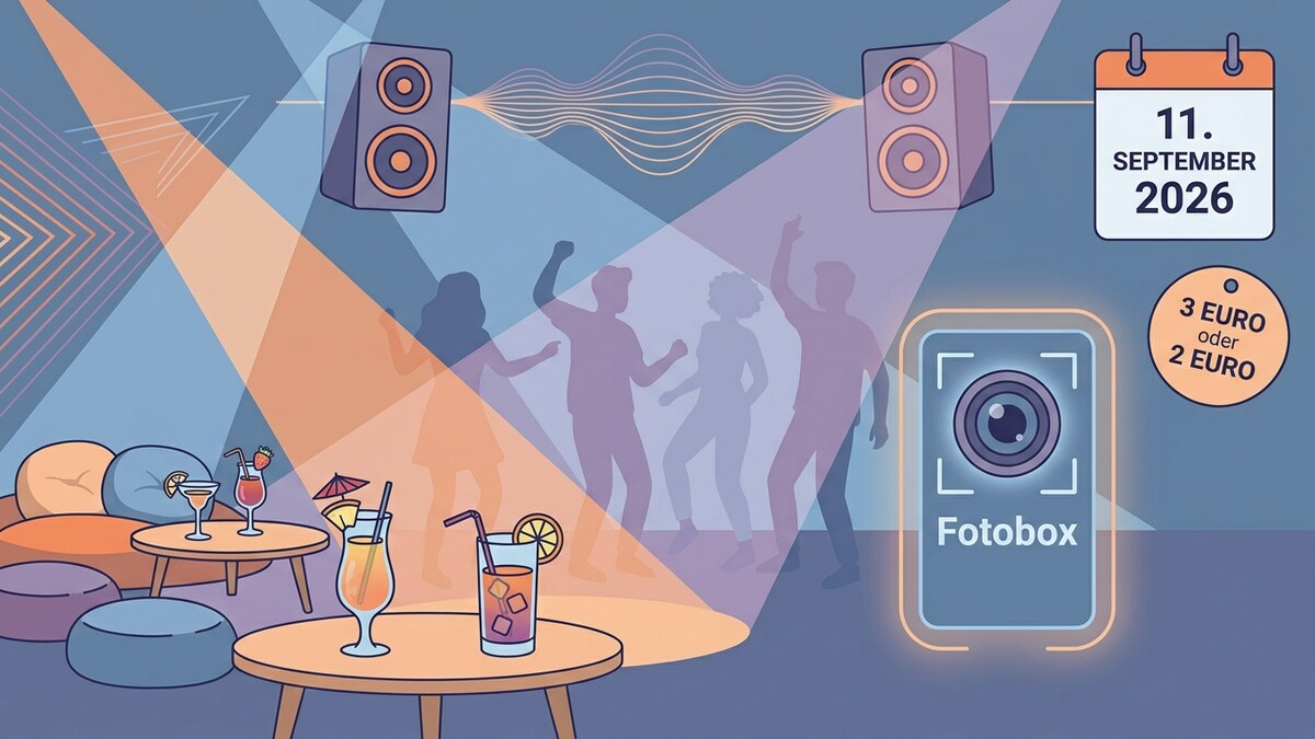 Fotobox mit Datum 11. September 2026 und Preisen auf Party mit tanzenden Silhouetten