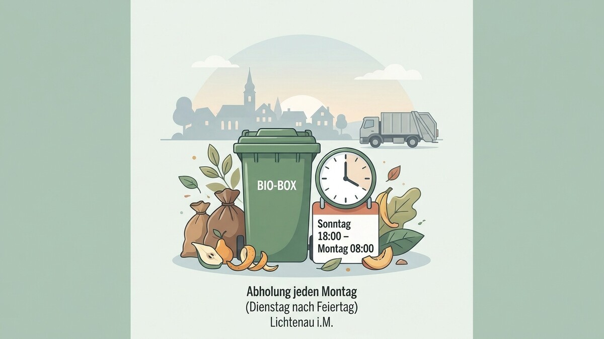 Bio-Box Abholung jeden Montag in Lichtenau i.M. mit Müllwagen und Uhr