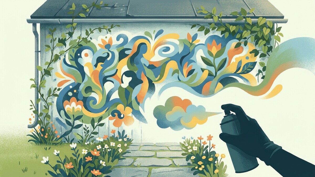 Graffiti-Kunstwerk mit Blumen und Figuren auf Hauswand, Hand mit Spraydose sprüht Farbe