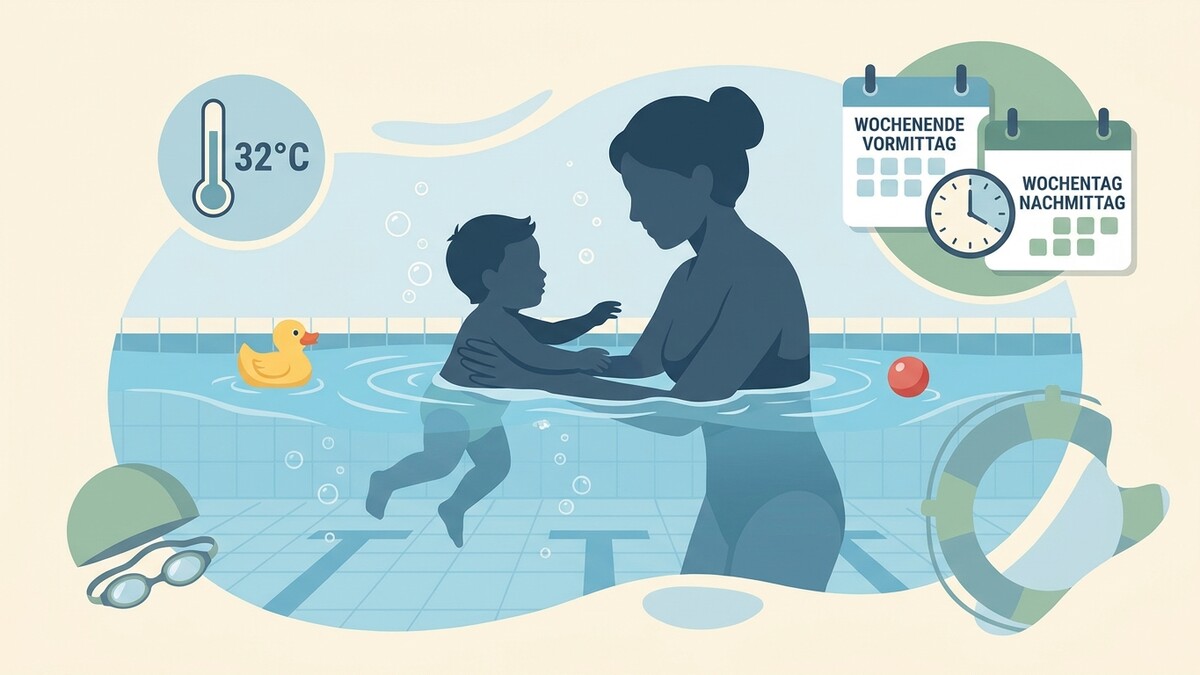 Babyschwimmen mit Mutter im 32°C warmen Wasser, Schwimmutensilien, Kalender.