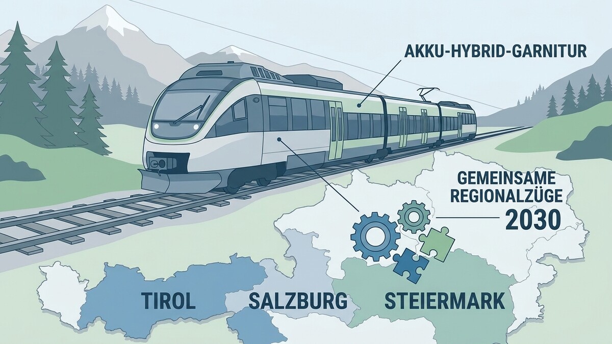 Akku-Hybrid-Garnitur auf Schiene in Österreich mit den Bundesländern Tirol, Salzburg, Steiermark.