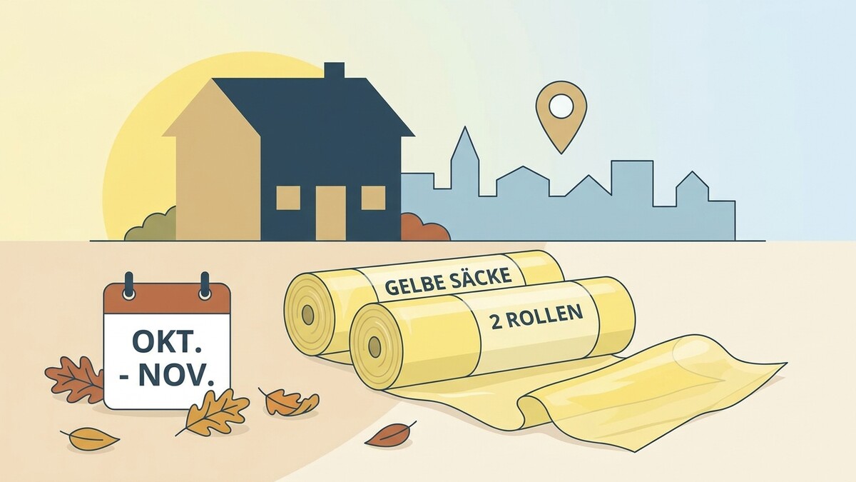 Gelbe Säcke, Kalender mit Okt.-Nov., Haus und Stadtkulisse