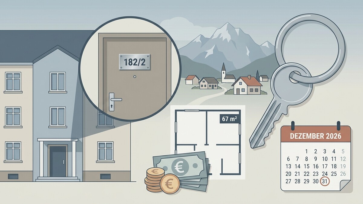 Wohnungsschlüssel mit Grundriss, Geld und Kalender im Dezember 2026 vor Bergdorf
