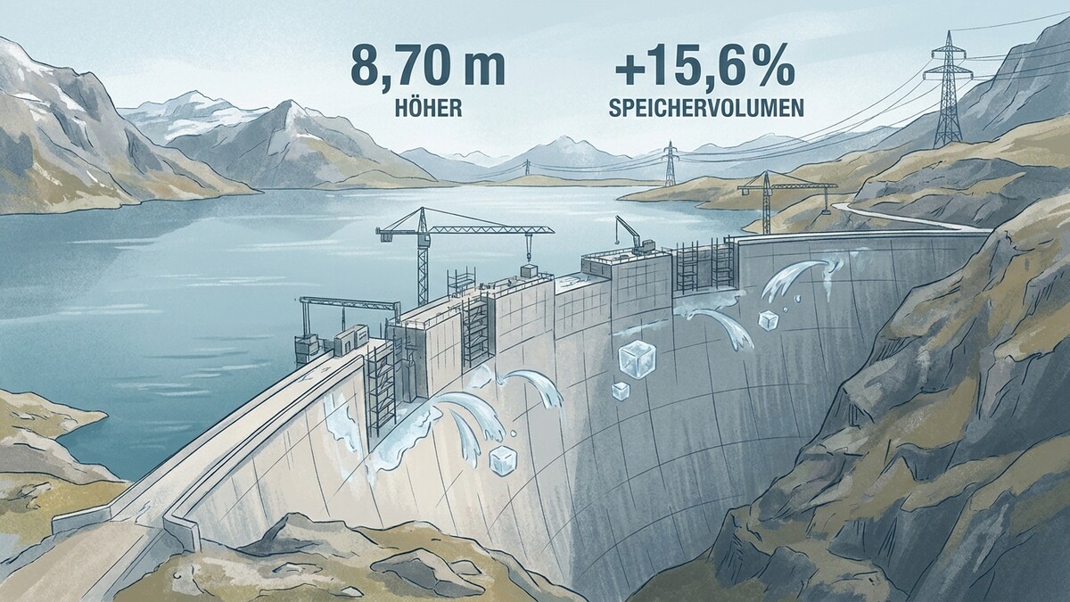 Speichervolumen: 8,70 m höher, +15,6% mehr Speichervolumen, Staumauer im Bau