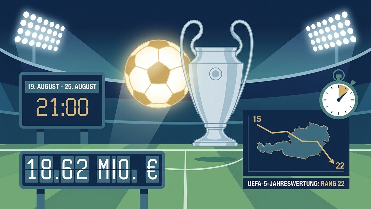Fußball-Champions-League-Trophäe mit Ball, Datum und Uhrzeit, Geldsumme und Grafik zur UEFA-Wertung Österreichs.