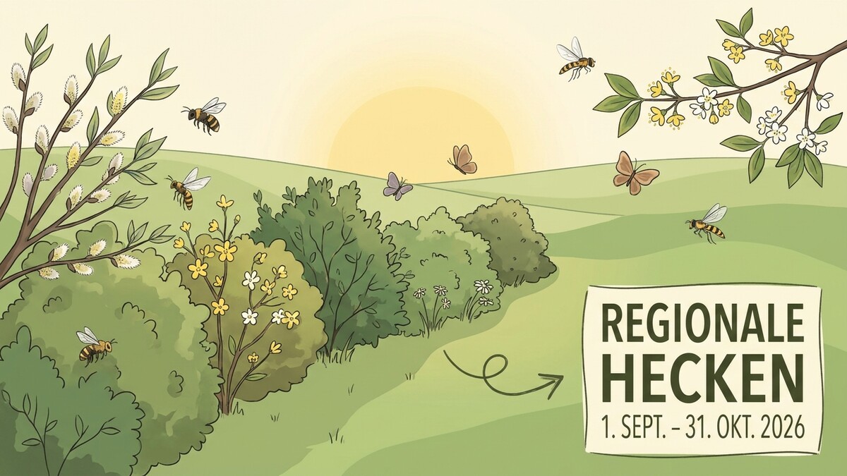 Regionale Hecken mit Bienen und Schmetterlingen vor sonniger Hügellandschaft