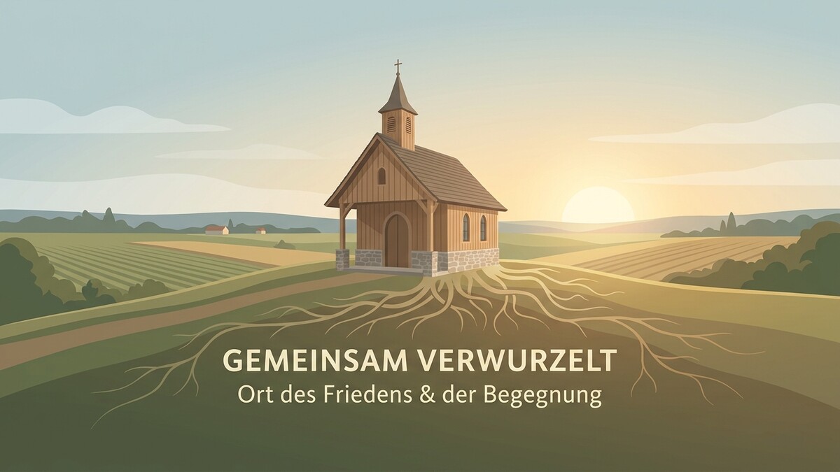 Kleine Holzkapelle mit Wurzeln und Berglandschaft im Sonnenuntergang