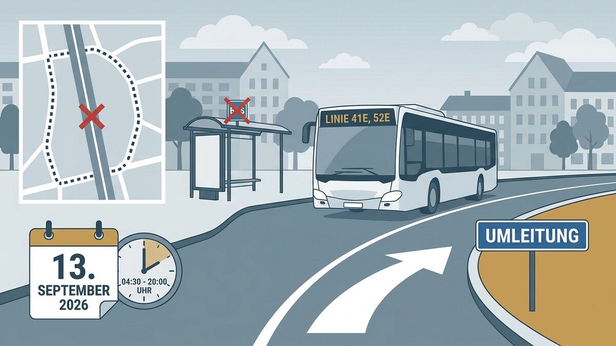 Buslinie 41E, 52E Umleitung am 13. September 2026 wegen Sperre mit Umfahrungsplan.