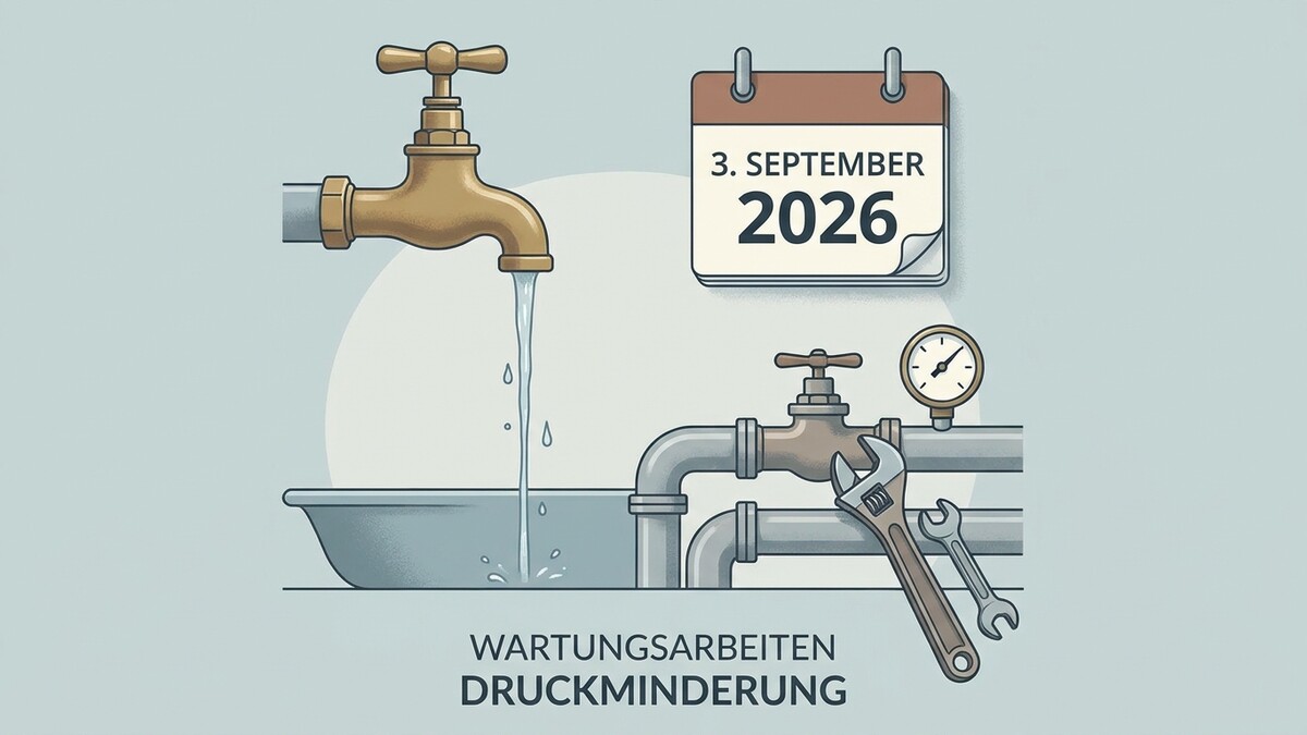 Wartungsarbeiten Druckminderung: Wasserhahn tropft in Becken, Kalenderblatt 3. September 2026, Rohre, Manometer, Werkzeug.