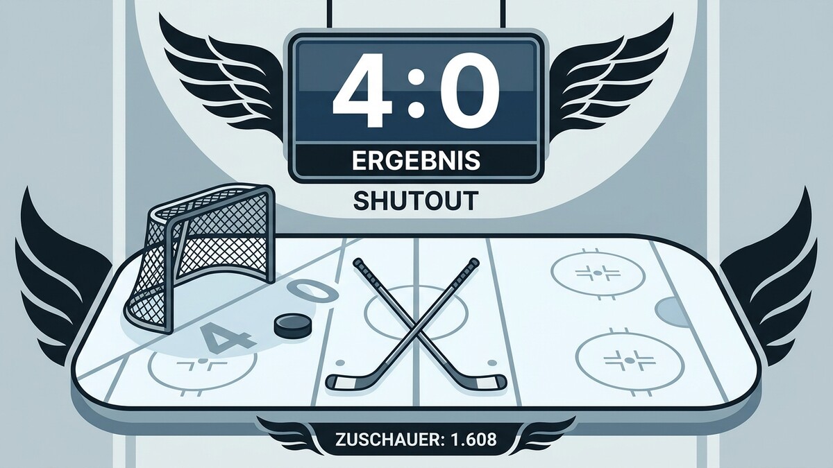 Eishockey-Ergebnis 4:0 Shutout mit Puck, Schlägern, Tor und 1.608 Zuschauern