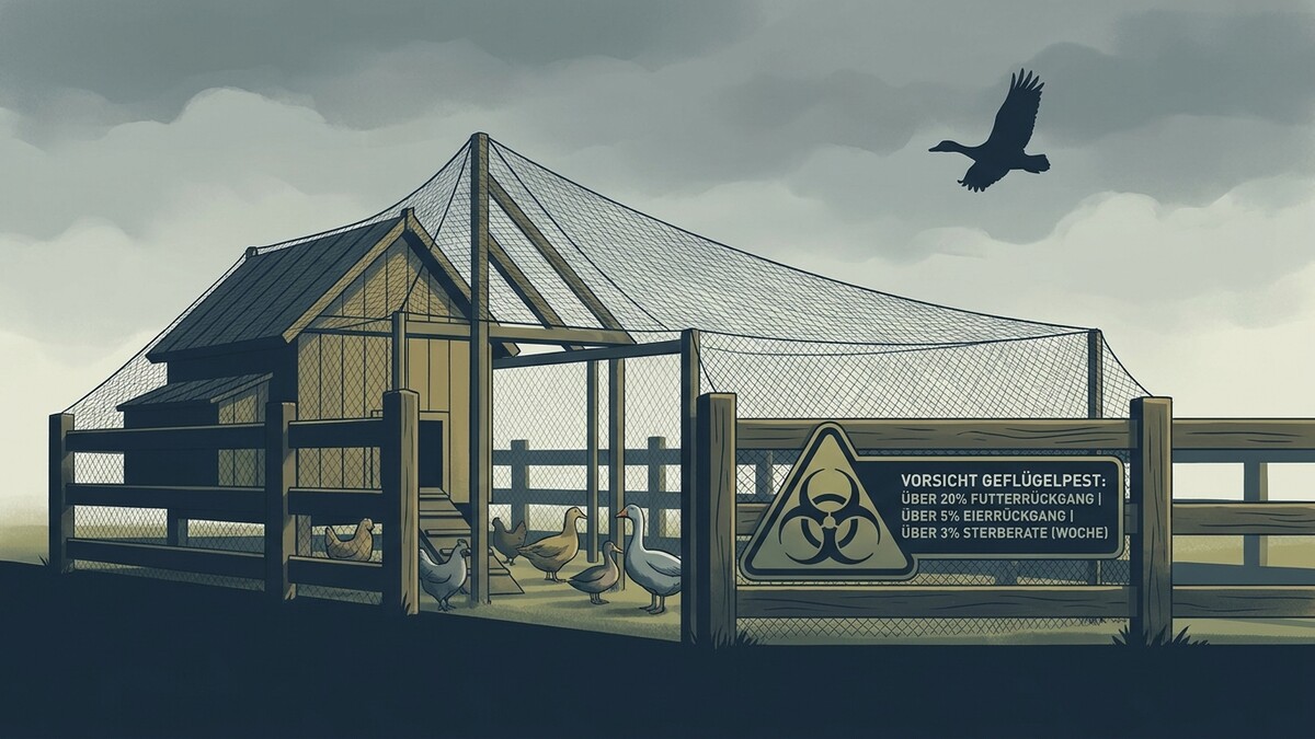 Geflügelpestschild vor Stall mit Hühnern und Gänsen, fliegende Gans im Himmel