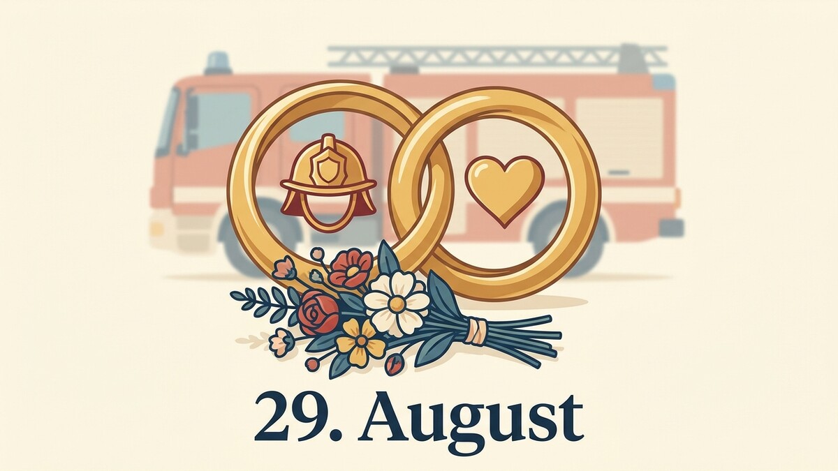 Feuerwehr-Hochzeitstag am 29. August mit Feuerwehrauto, Ringen und Blumenstrauß