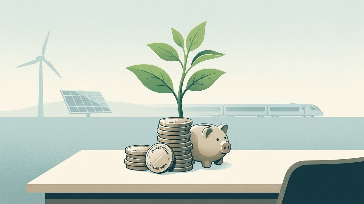 Investition: Sparschwein mit Münzen und grüner Pflanze, Windrad, Solarpanel und Zug