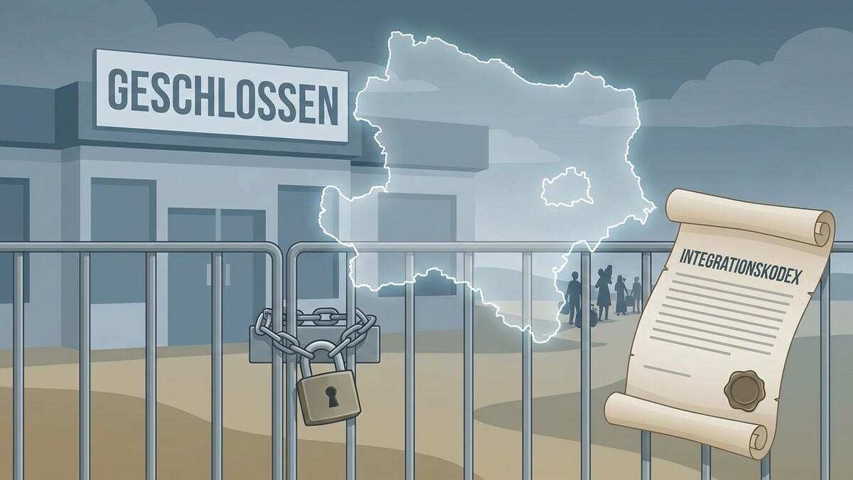 Integrationskodex auf Schriftrolle vor geschlossener Grenze mit Schloss und Silhouetten von Menschen in Österreich