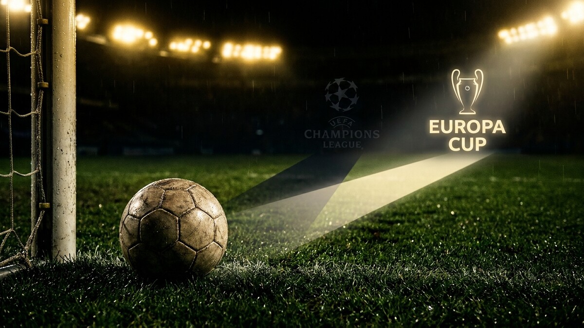 Fußball Europa Cup mit UEFA Champions League Logo auf Rasen