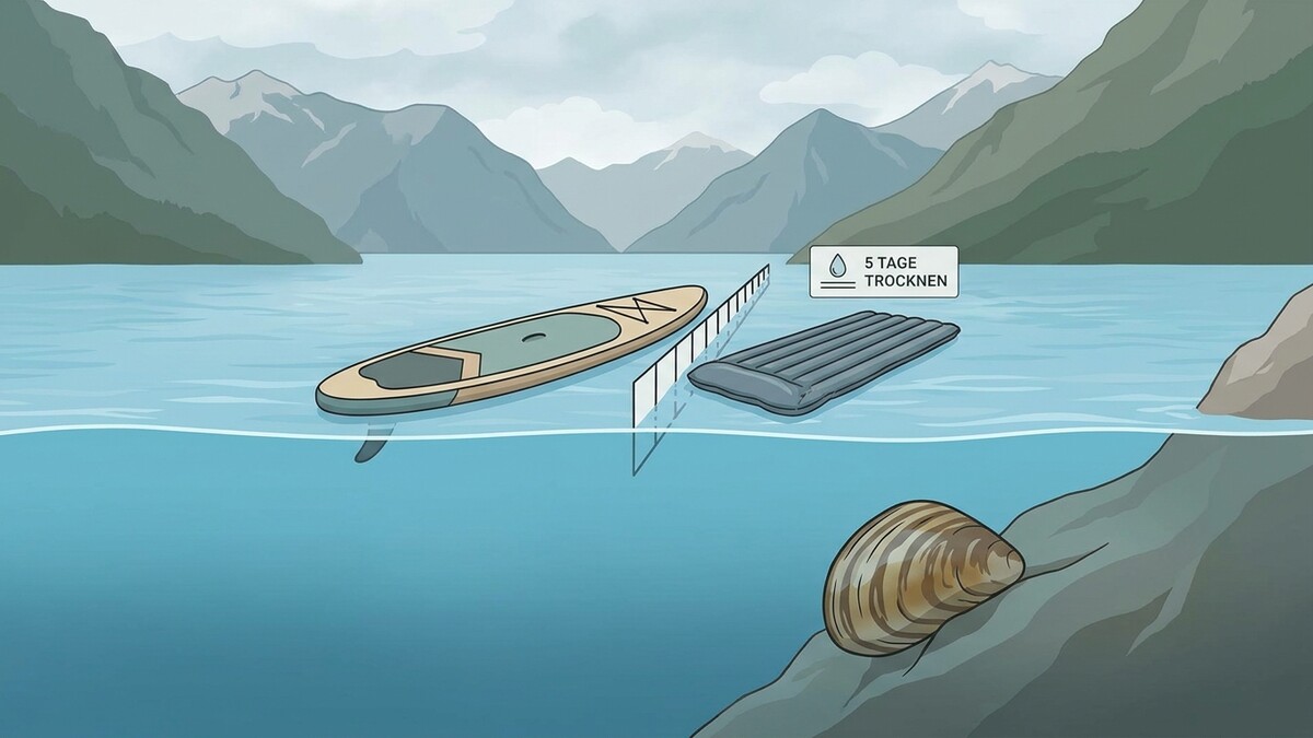 SUP-Board und Luftmatratze trocknen 5 Tage im Bergsee mit Muschel am Ufer