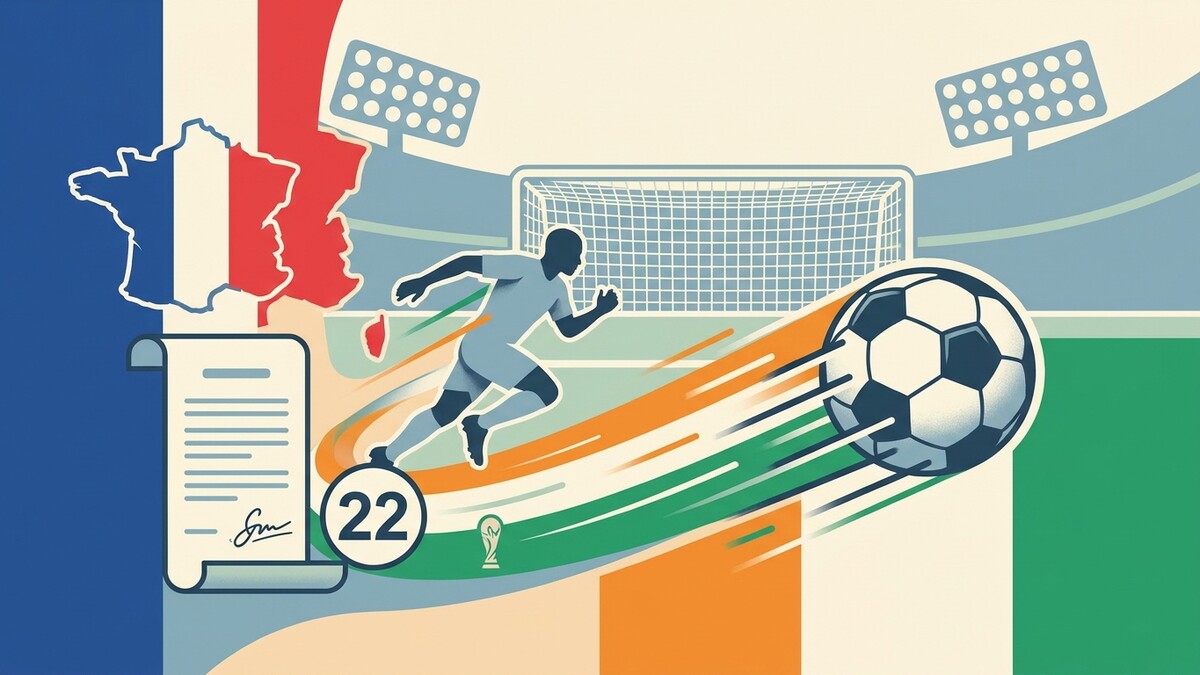 Fußballspieler vor Tor und Frankreichkarte, WM 2022, Vertrag, Stadionbeleuchtung