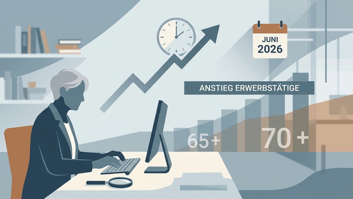 Anstieg Erwerbstätige 65+ und 70+ bis Juni 2026 mit Uhr und Kalender