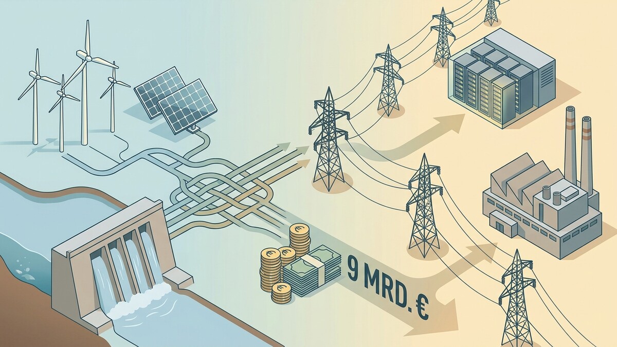 Stromnetz mit Windrädern, Solaranlagen, Wasserkraftwerk und Industriegebäuden