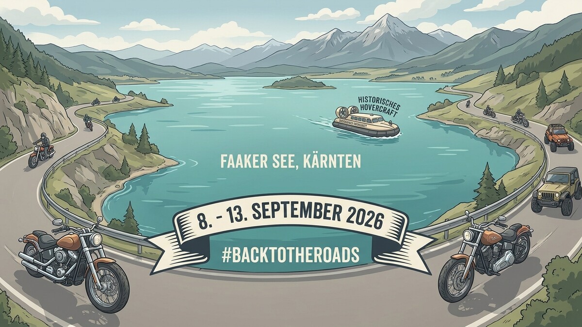 Motorradfahrer am Faaker See, Kärnten, mit Hovercraft und Jeep