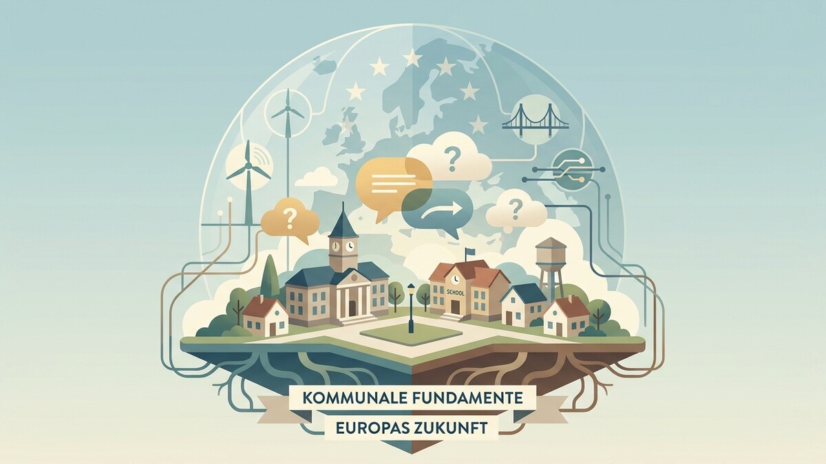 Europas Zukunft: illustration von kommunalen Fundamenten mit Windrädern, Brücke, Schule und Rathaus