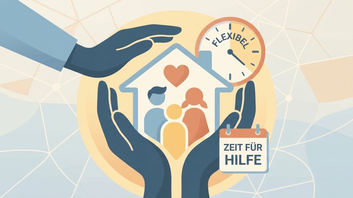 Schützende Hände um Familie im Haus mit Uhr und Kalender "Zeit für Hilfe"
