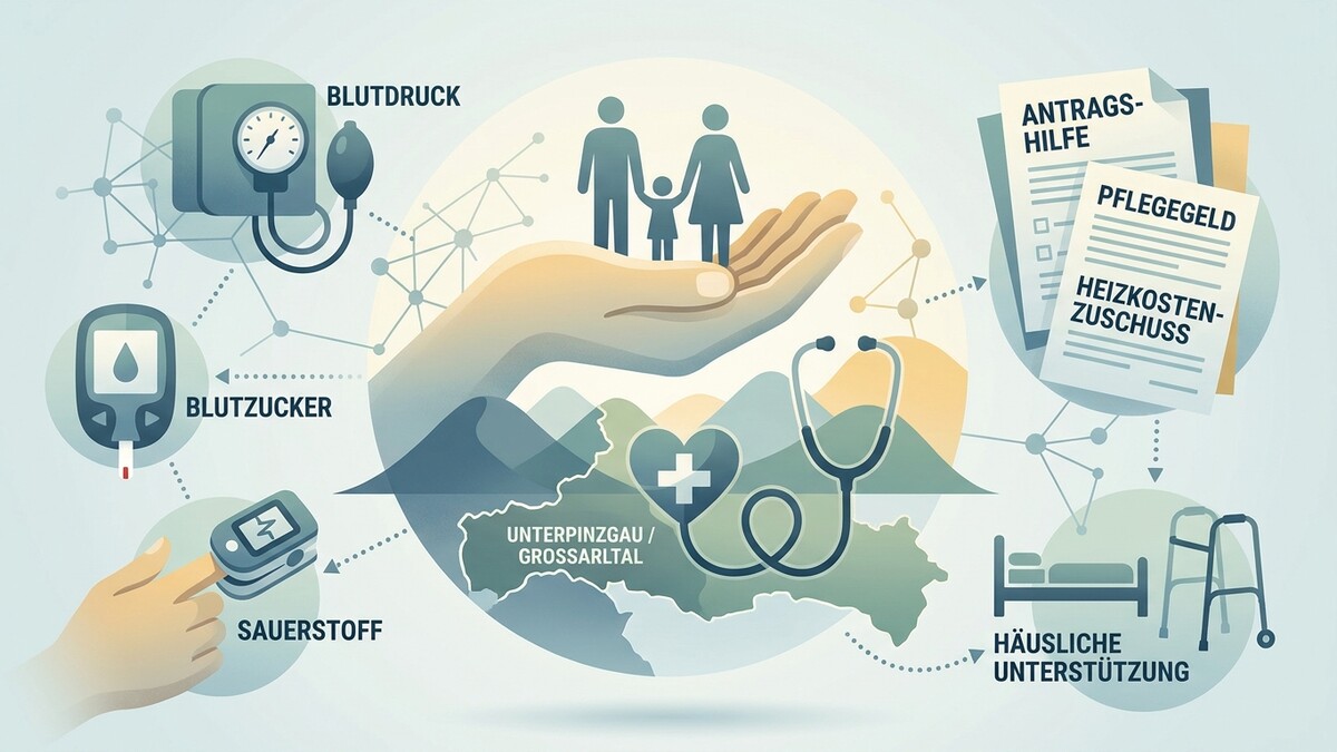 Gesundheitsversorgung Unterpinzgau/Grossarltal mit Blutdruck, Blutzucker, Sauerstoff, Antrags- und Heizkostenzuschuss