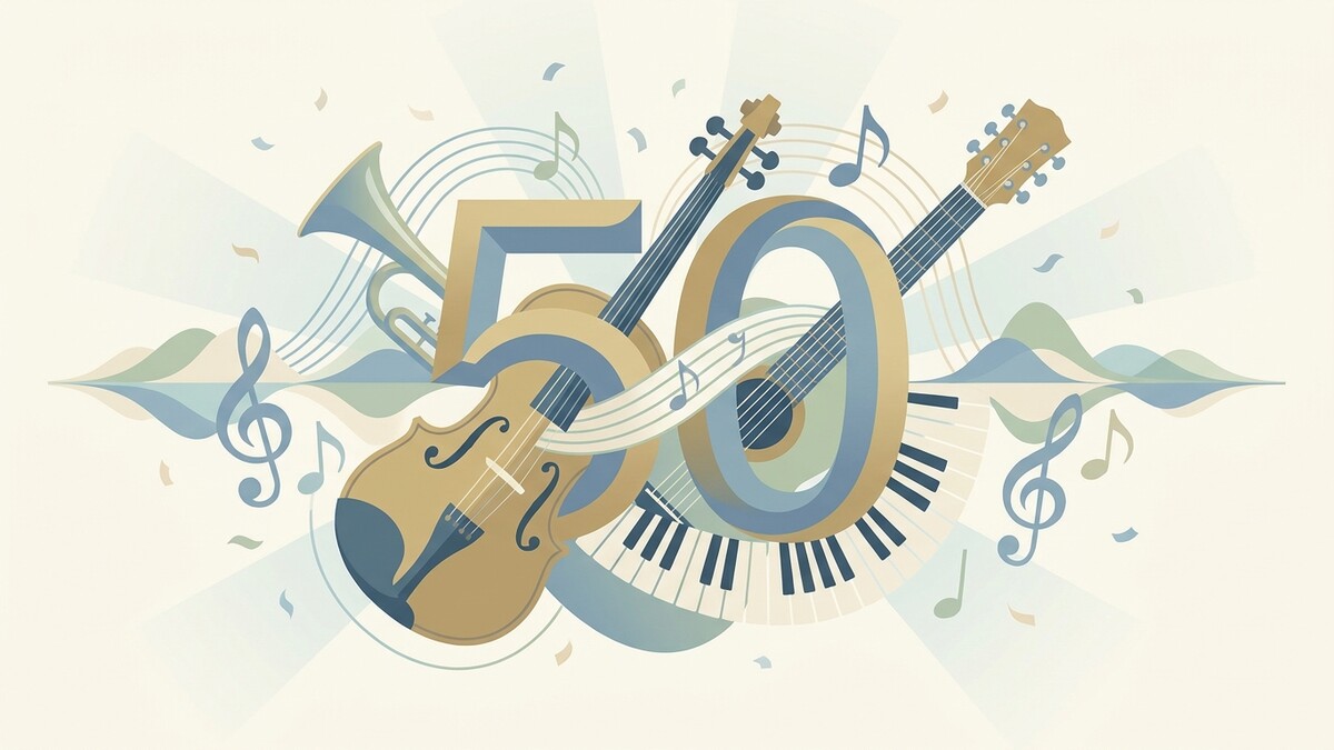 50 Jahre Musik: Geige, Gitarre, Trompete und Klavier mit Noten und Wellen