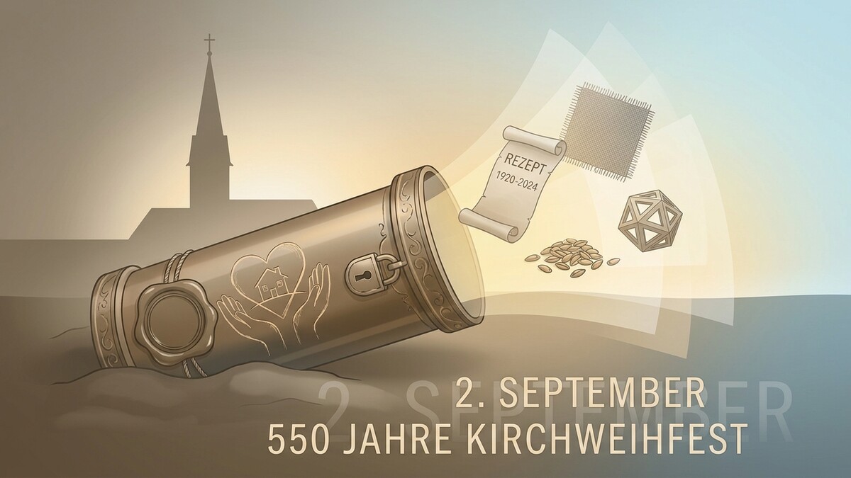 Kirchweihfest 550 Jahre: Schriftrolle mit Rezept, Getreide und Kirche