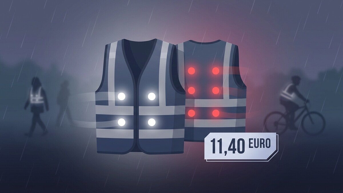 Warnweste mit Reflektoren und roten Lichtern, Radfahrer und Fußgänger im Regen, 11,40 Euro