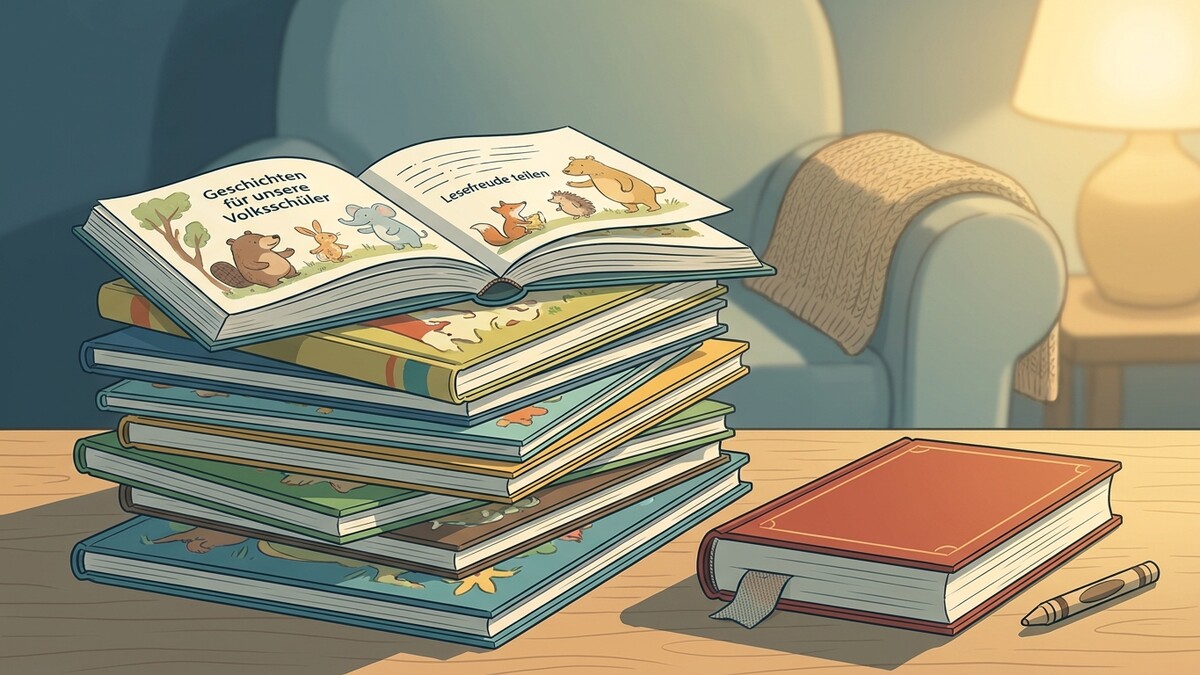 Bücherstapel mit Kinderbuch, Bär, Hase, Elefant, Fuchs, Igel und einem roten Buch daneben.