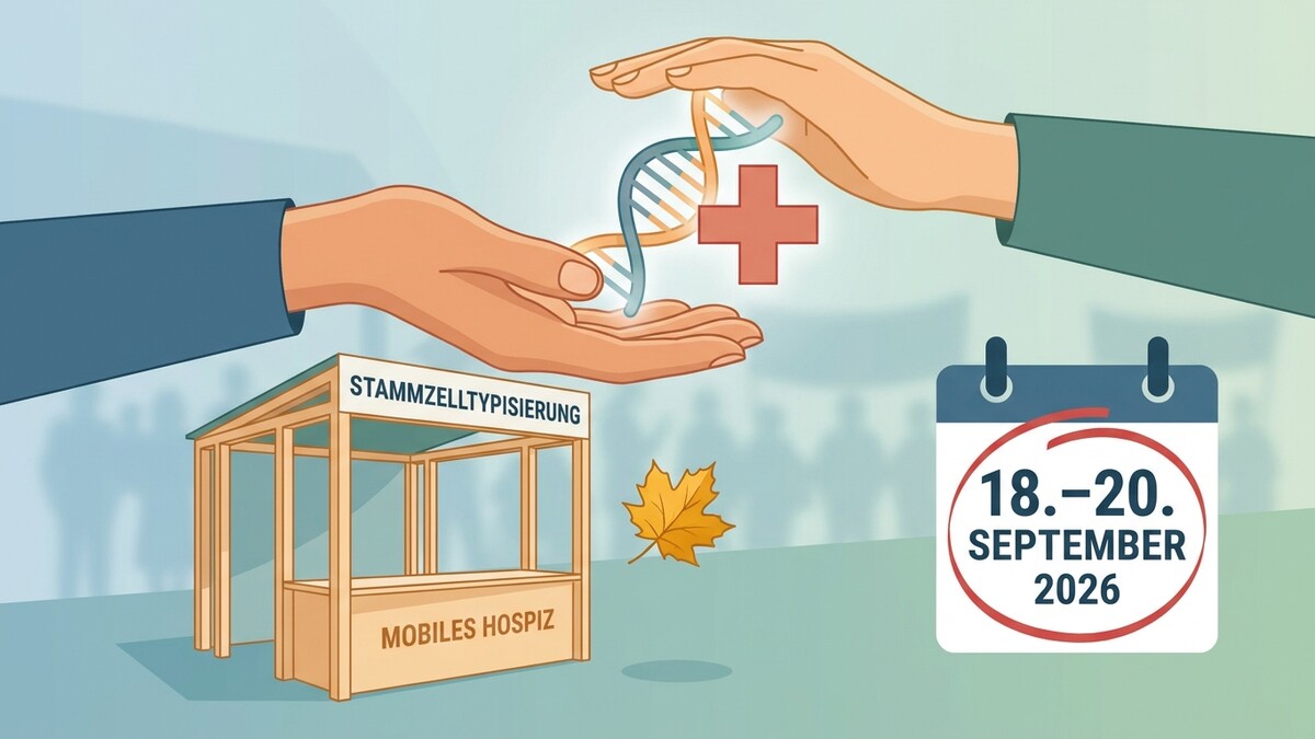 Stammzelltypisierung: Hände halten DNA und Kreuz, Kalender mit 18.-20. September 2026
