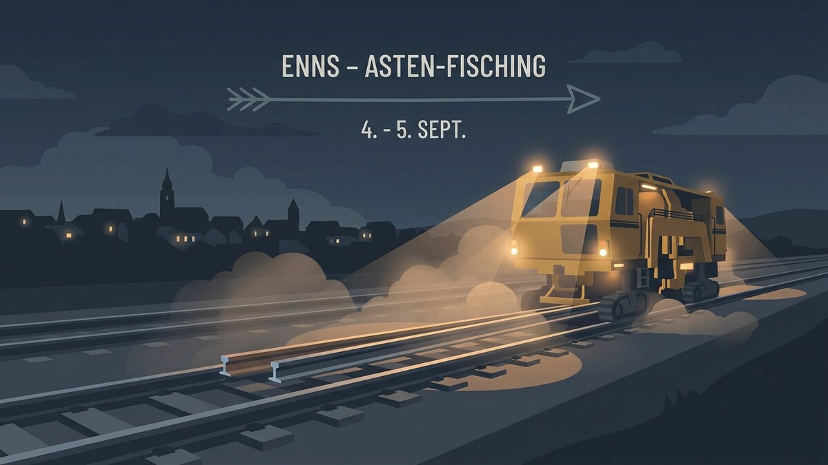 Gelbe Baumaschine auf Bahngleis bei Nacht mit Stadtkulisse