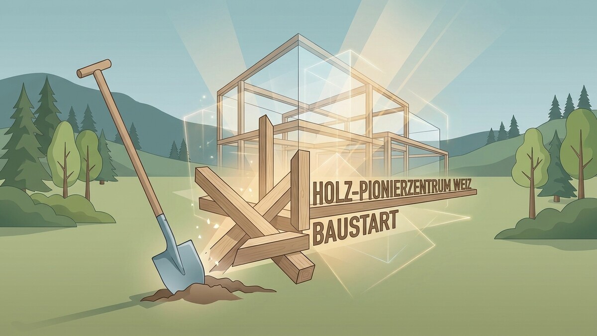Holz-Pionierzentrum Weiz Baustart mit Schaufel und Holzkonstruktion