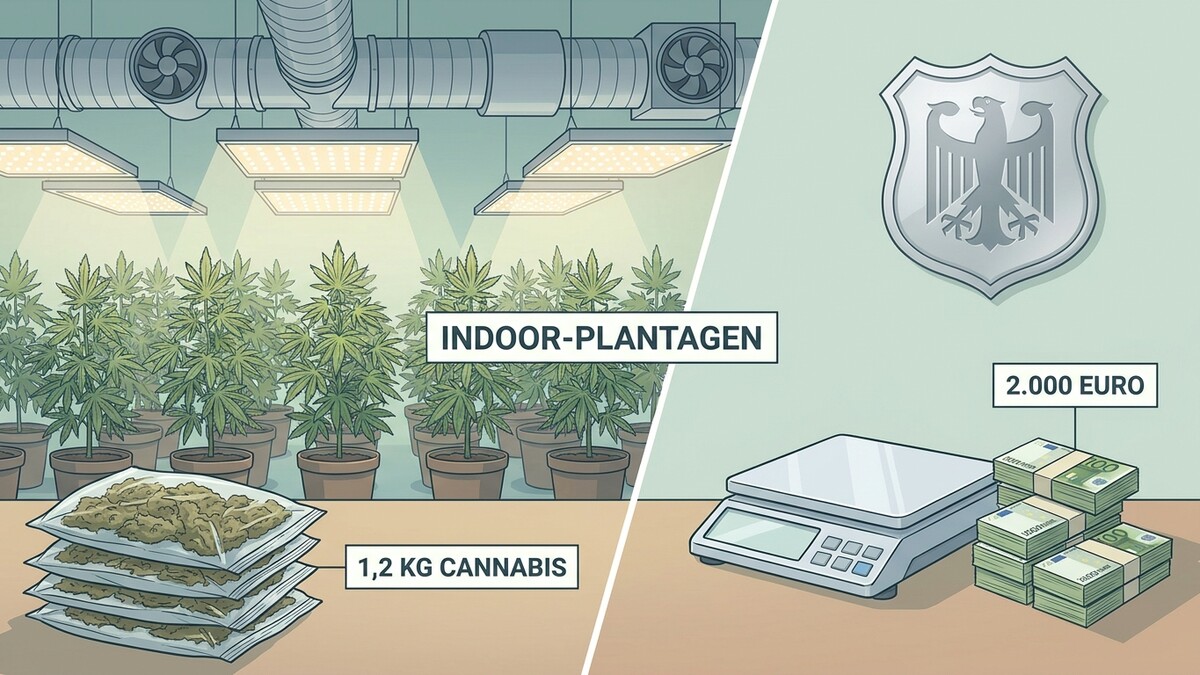 Indoor-Plantagen mit Cannabis und 1,2 kg Cannabis neben Waage und Geldbündeln mit 2.000 Euro