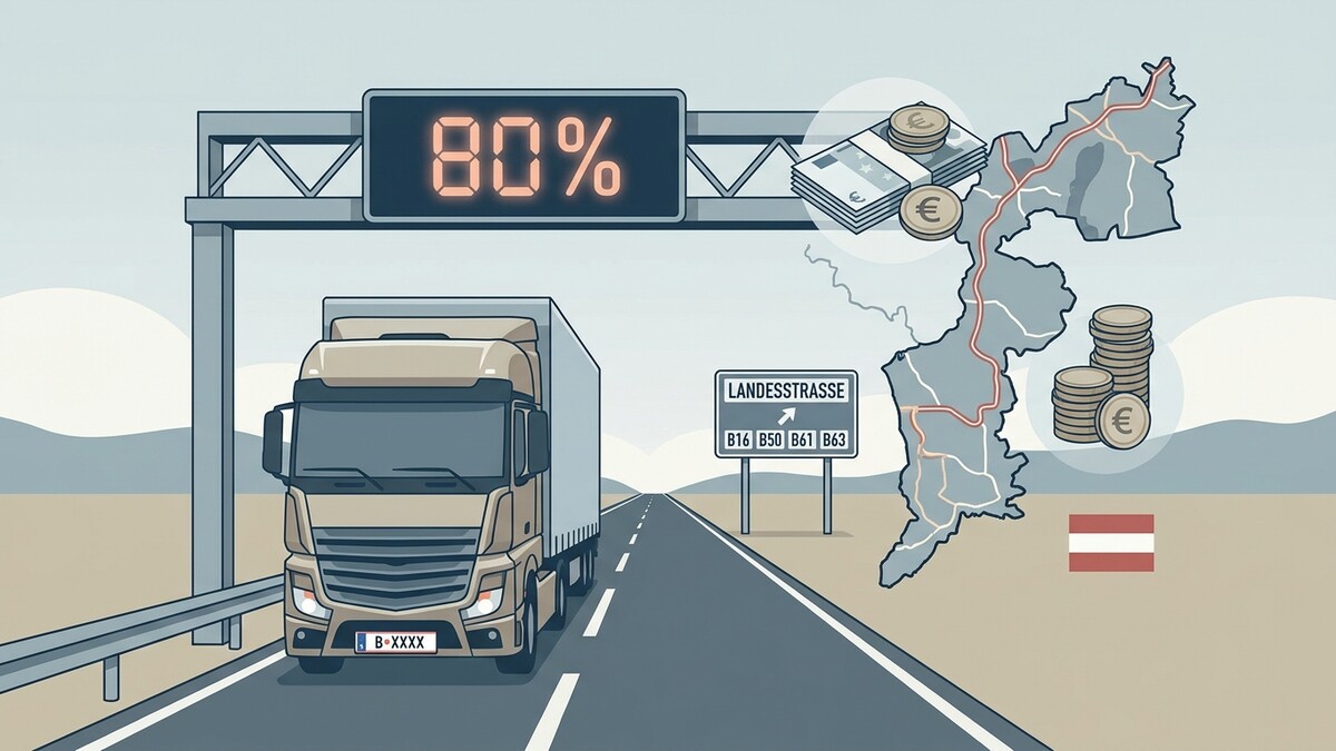 LKW auf Autobahn mit 80% Anzeige, Geld und Österreichkarte