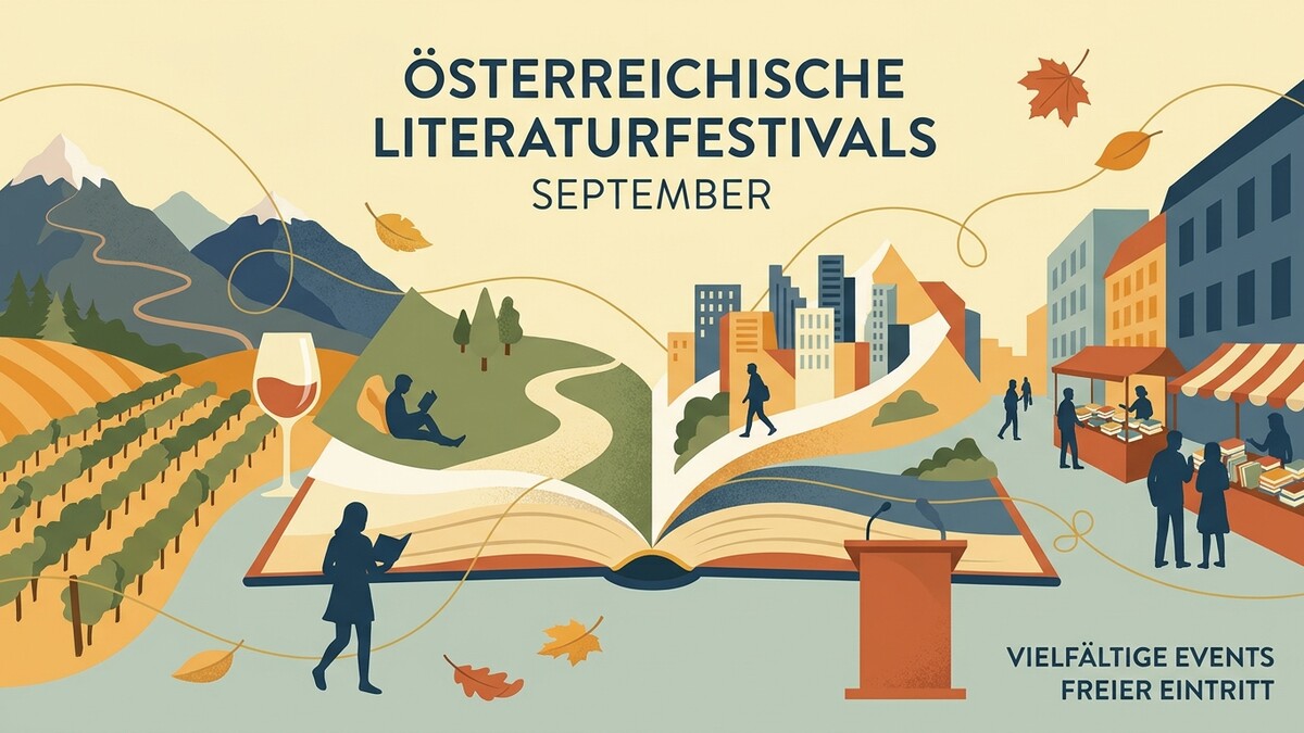 Österreichische Literaturfestivals September: offenes Buch mit Stadt, Berg, Weinreben und Buchständen