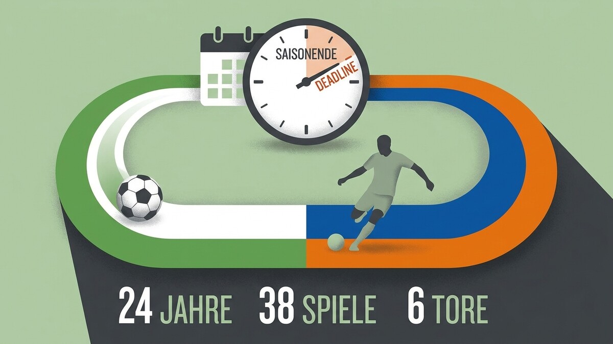 Fußball-Statistik: 24 Jahre, 38 Spiele, 6 Tore, Saisonende Deadline.