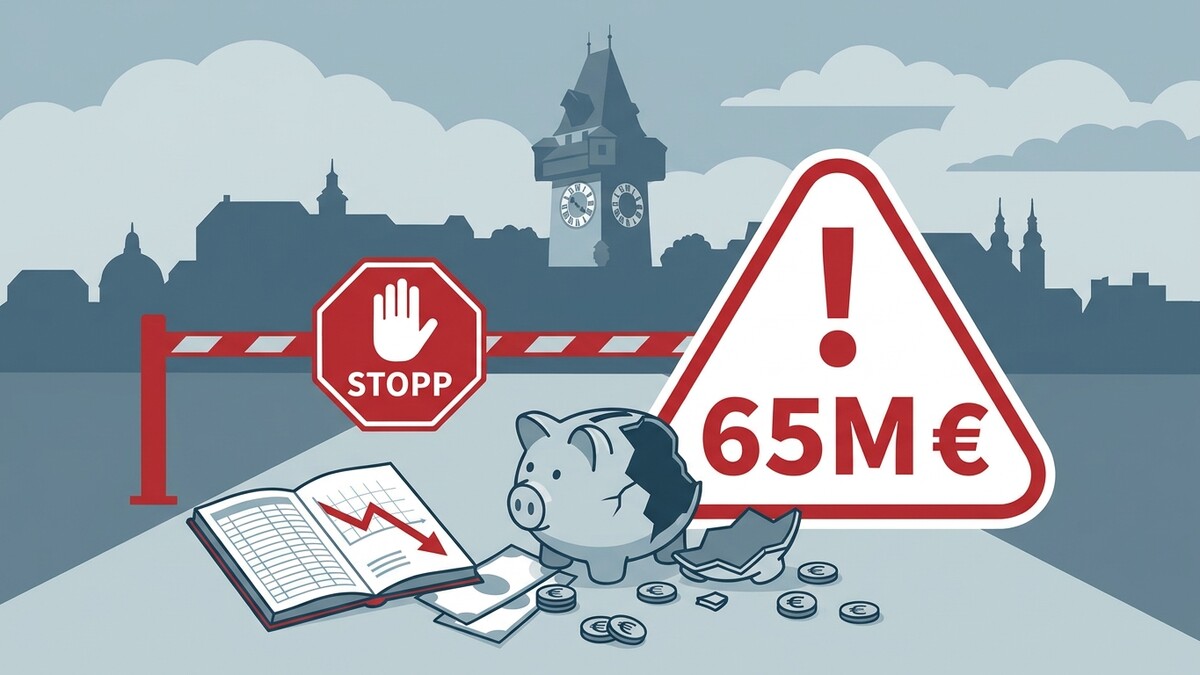 65 Millionen Euro Verlust: zerbrochene Sparschweine und Stoppschild vor Grazer Uhrturm
