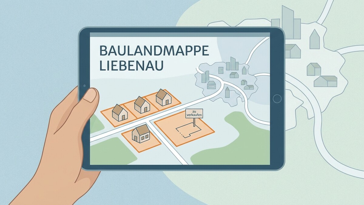Bauen Liebenau: Tablet zeigt Baulandkarte mit Häusern und einem Grundstück „zu verkaufen“
